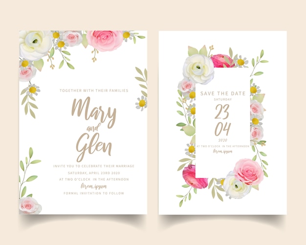 Vecteur invitation de mariage avec renoncule rose floral et fleurs roses