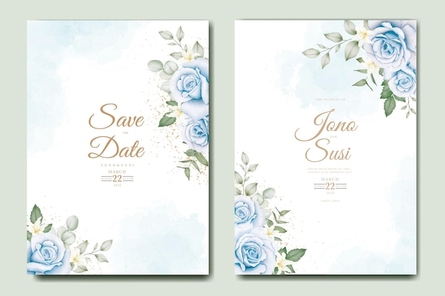 Invitation de mariage avec rose et feuille bleu marine