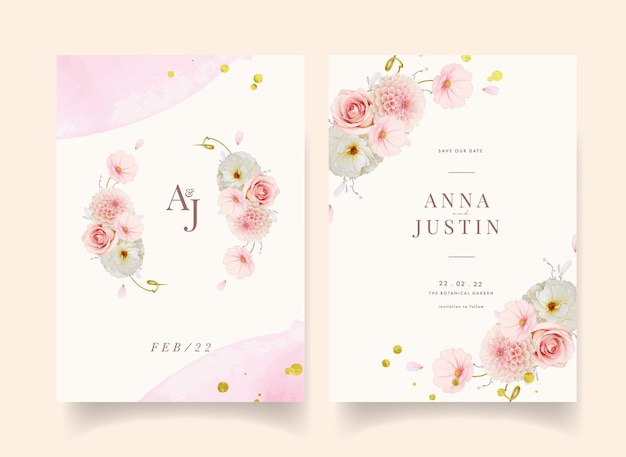 Invitation De Mariage Avec Des Roses Aquarelles Et Dahlia Rose