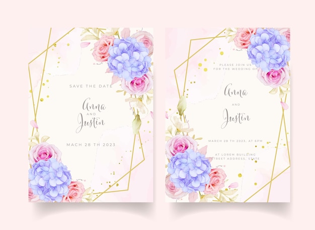 Invitation De Mariage Avec Des Roses Aquarelles Et Fleur D'hortensia Bleu