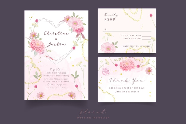 Invitation De Mariage Avec Des Roses Aquarelles, Des Fleurs De Dahlia Et De Gerbera