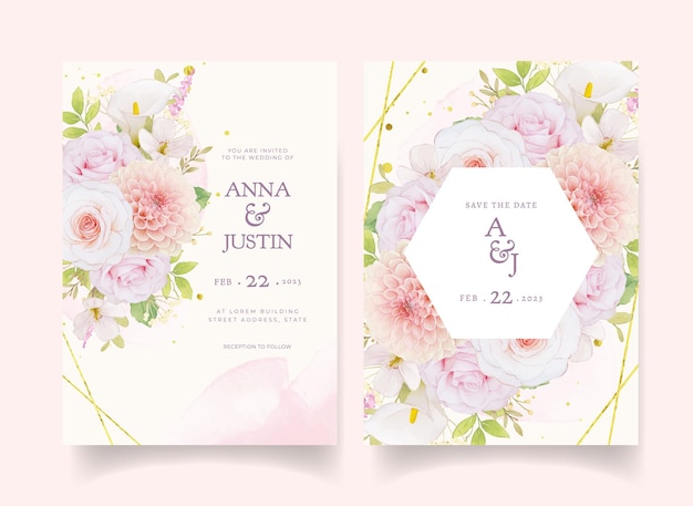Vecteur invitation de mariage avec roses roses aquarelles et dahlia