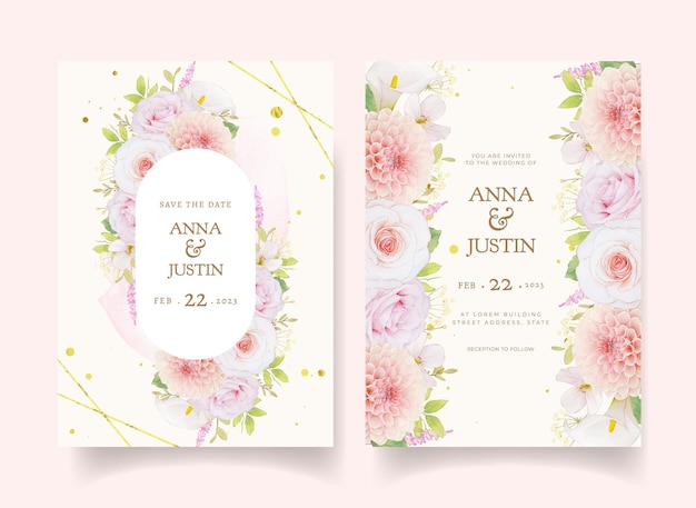 Invitation de mariage avec des roses roses aquarelles et dahlia
