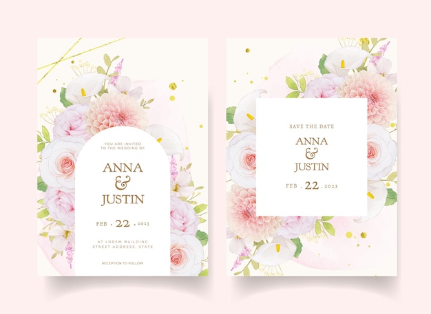 Invitation de mariage avec des roses roses aquarelles et dahlia
