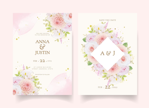 Invitation de mariage avec des roses roses aquarelles et dahlia