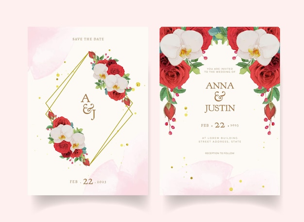 Vecteur invitation de mariage avec des roses rouges aquarelles et une orchidée