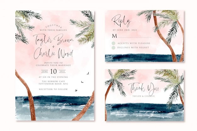 Invitation De Mariage Sertie De Paysage Aquarelle De Palmier Tropical Plage