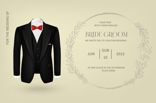 Vecteur une invitation à un mariage avec une silhouette du marié de profil un modèle de carte postale avec une inscription sur fond beige