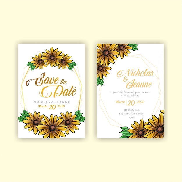 Vecteur invitation de mariage style tournesol