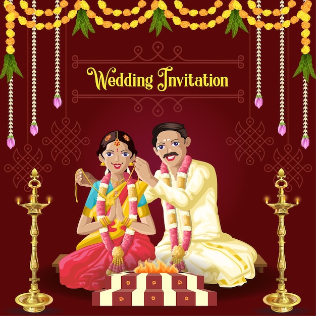 Invitation De Mariage Tamoul Indien Mariée Et Le Marié Dans Le Rituel De Mariage De Noeud De Liage Traditionnel