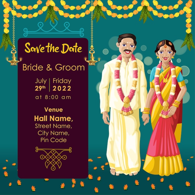 Vecteur invitation de mariage tamoul indien mariée et le marié main dans la main