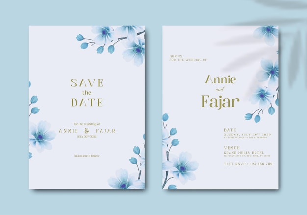 invitation de mariage avec vecteur premium aquarelle branche de fleur bleue