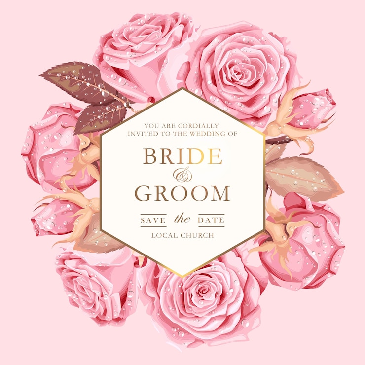 Vecteur invitation de mariage de vecteur avec des roses roses vintage