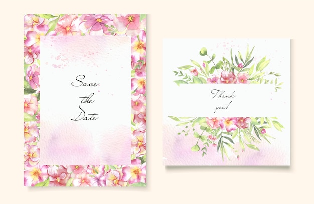 Vecteur invitations avec des fleurs aquarelles roses