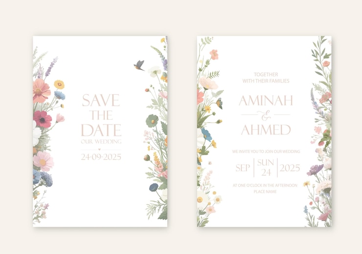 Vecteur des invitations de mariage élégantes avec des fleurs à l'aquarelle sur fond blanc