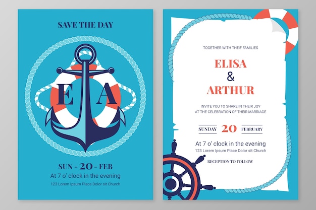 Invitations de mariage nautique design plat