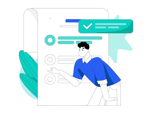 Invitez vos amis à effectuer un questionnaire sur le concept de vecteur plat. Illustration dessinée à la main.