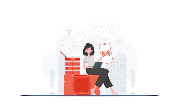 IOT et concept d'automatisation La fille tient un téléphone avec le logo IoT dans ses mains Illustration vectorielle dans un style plat