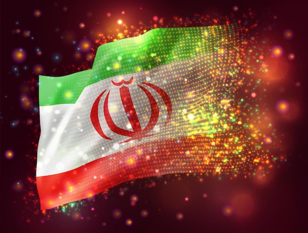 Iran, vecteur drapeau 3d sur fond violet rose avec éclairage et fusées éclairantes