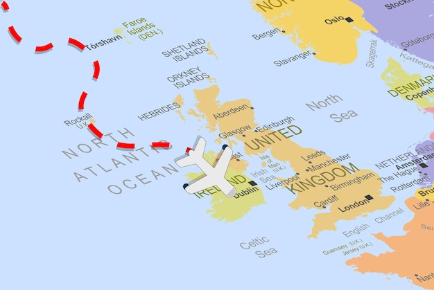 Irlande avec avion et ligne pointillée sur la carte de l'europe, gros plan Irlande, concept de vacances, vol