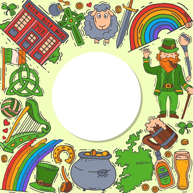 Vecteur irlande symboles doodle set illustration. st patrick s day, shamrock, trèfle, lutin et irlandais