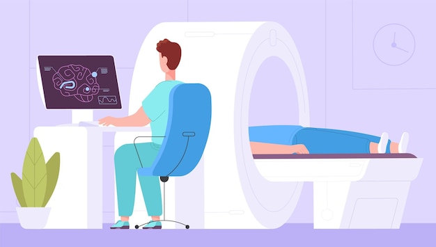 Irm Scanner Cérébral Ct Xray Mrt Tomographie Scanner De Diagnostic Machine Médecin Examen Médical Patient Sur Radiologie Magnétique Technologie De Rayon De Résonance Splendide Illustration Vectorielle