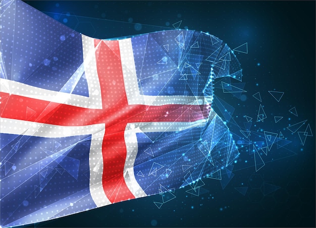 Islande, drapeau vectoriel, objet 3D abstrait virtuel à partir de polygones triangulaires sur fond bleu