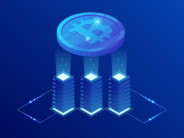 Vecteur isometric bitcoin bit cryptocurrency mining farm. technologie blockchain, crypto-monnaie et réseau de paiement numérique pour les transactions financières. fond bleu abstrait.