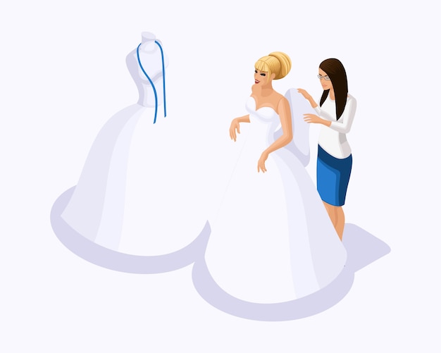 Isometric est un ensemble de tailleurs cousant des robes de mariée, un client sur une robe ajustée. Coudre la meilleure et luxueuse robe de mariée dans l'atelier set 4