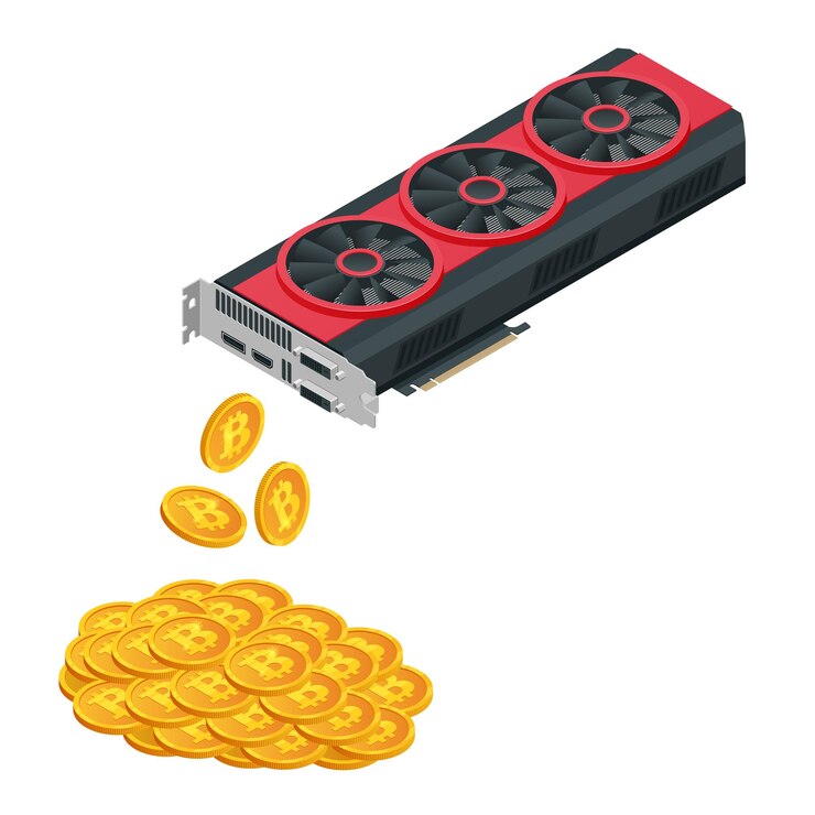 Vecteur isometric mining farm crypto bitcoin ou carte vidéo minière, mineur de gpu, monnaie crypto d'extraction de technologie, argent virtuel, illustration vectorielle à plat