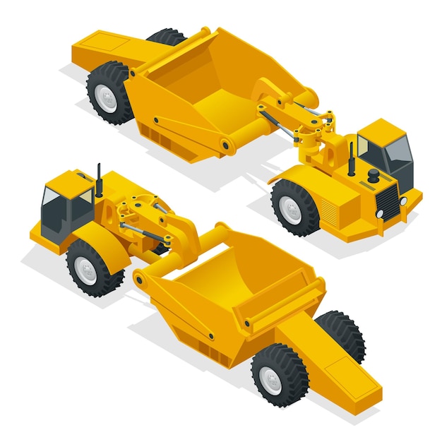 Isometric Wheel Tracteur-grattoir. Tracteur-grattoir à Roues, équipement Lourd Utilisé Pour Le Terrassement. Racleur Une Bande Transporteuse Déplace Le Matériau Du Bord De Coupe Dans La Trémie. Illustration Vectorielle