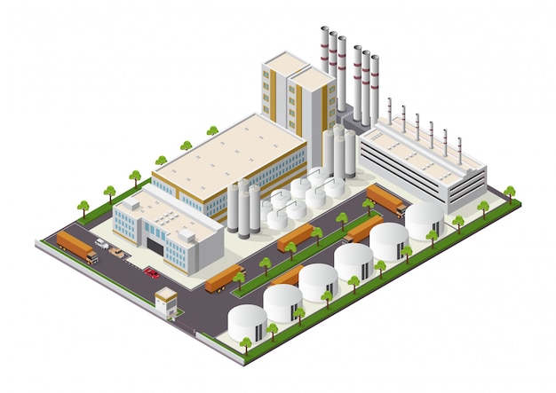 Isométrique Composition de bâtiments industriels avec vue sur les installations