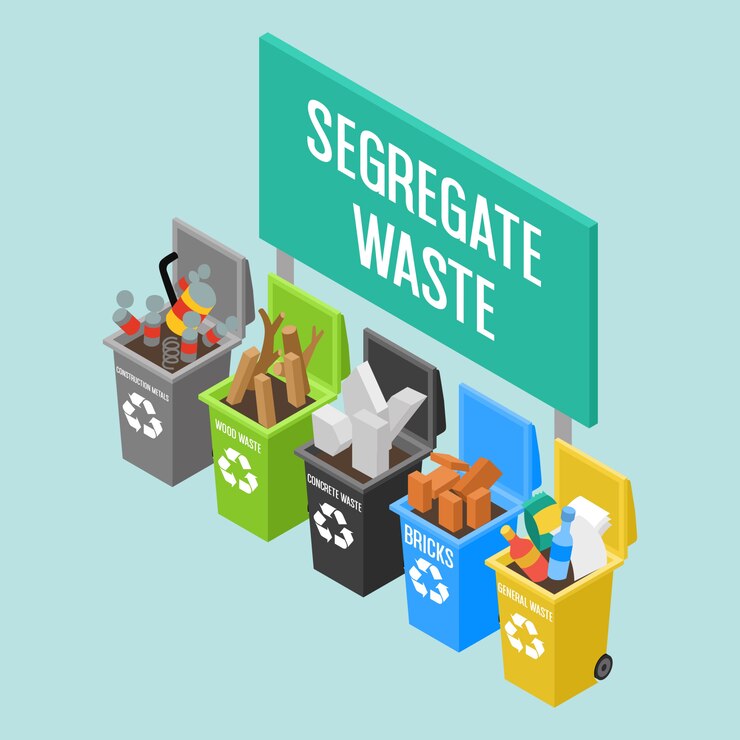 Isométrique Divers petits bacs de recyclage de différentes couleurs sur un chantier de construction
