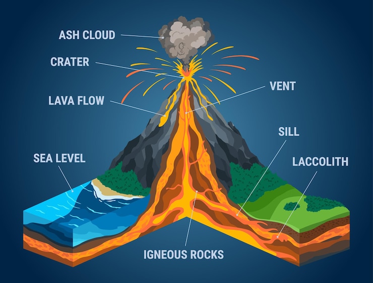 Vecteur isométrique du volcan en coupe infographique. structure avec indication de la chambre magmatique, du cône de gaz, de l'évent et des cendres de la bombe de lave du cratère. coupe de la croûte terrestre.