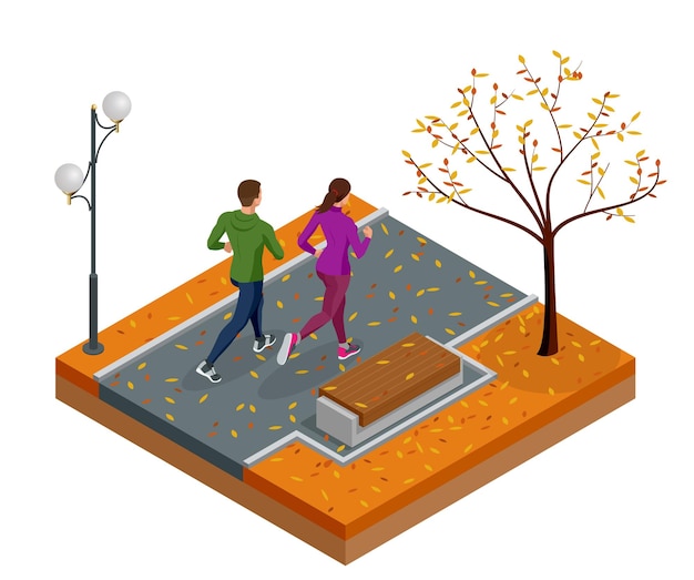 Vecteur isométrique jeune femme et homme coureurs courant sur un parc de la ville. personnes sportives s'entraînant dans une zone urbaine, mode de vie sain et concepts sportifs. automne. illustration vectorielle