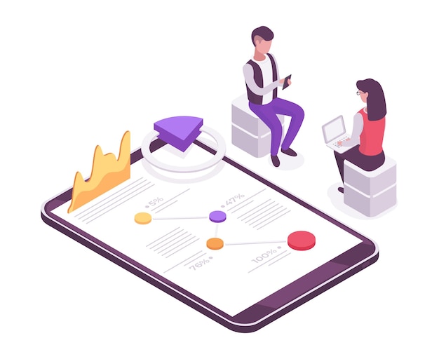 Isométrique personnes données analyse graphique statistiques concept vecteur isolé illustration