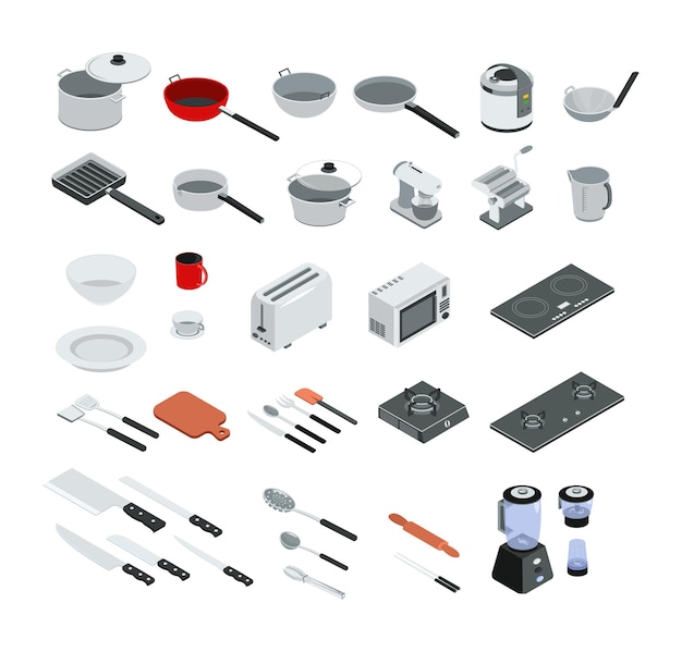 Vecteur isométrique vectoriel des éléments de batterie de cuisine sur fond blanc.