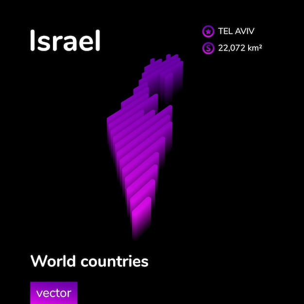 Israël Carte 3d Stylisée Néon Numérique Carte Vectorielle à Rayures Isométriques Dans Les Couleurs Violettes Et Roses