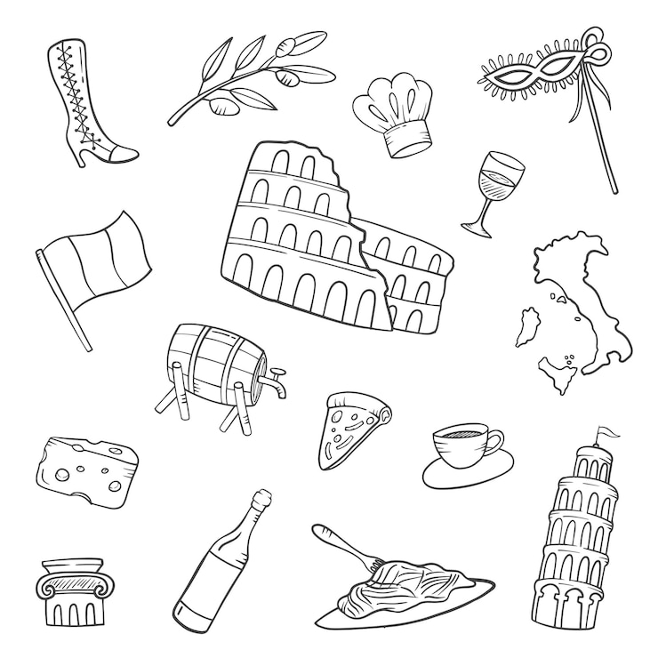 Italie pays nation doodle ensemble de collections dessinées à la main avec illustration vectorielle de contour style noir et blanc