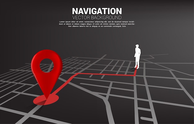 Vecteur itinéraire entre les marqueurs de broche de localisation 3d et l'homme d'affaires sur la carte routière de la ville. concept pour l'infographie du système de navigation gps.