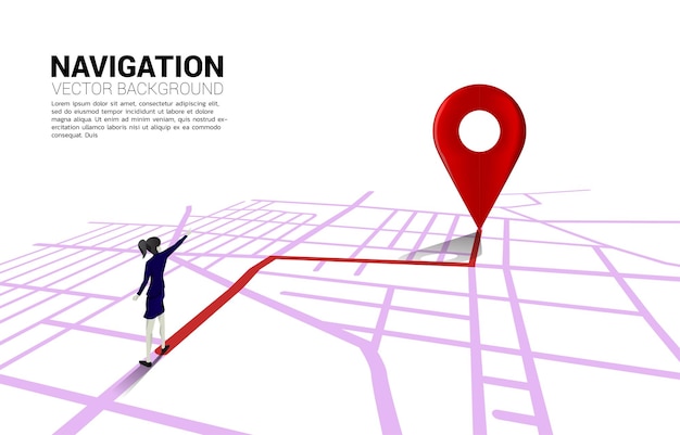 Itinéraire Entre Les Marqueurs De Localisation 3d Et La Femme D'affaires Sur La Carte Routière De La Ville Concept Pour L'infographie Du Système De Navigation Gps