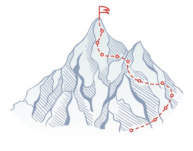 Vecteur itinéraire d'escalade vers le sommet du rocher avec drapeau rouge au sommet chemin de voyage d'affaires en cours vers le succès ou le concept d'objectif style de ligne de connexion de points de polygone vectoriel