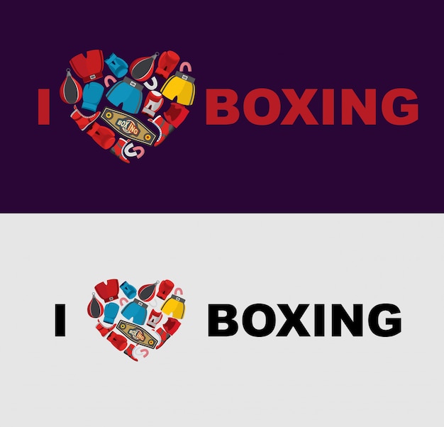 Vecteur j'adore la boxe. symbole du cœur de l'équipement de boxe: casque, short et gants de boxe. modèle à appliquer sur un t-shirt pour les athlètes.