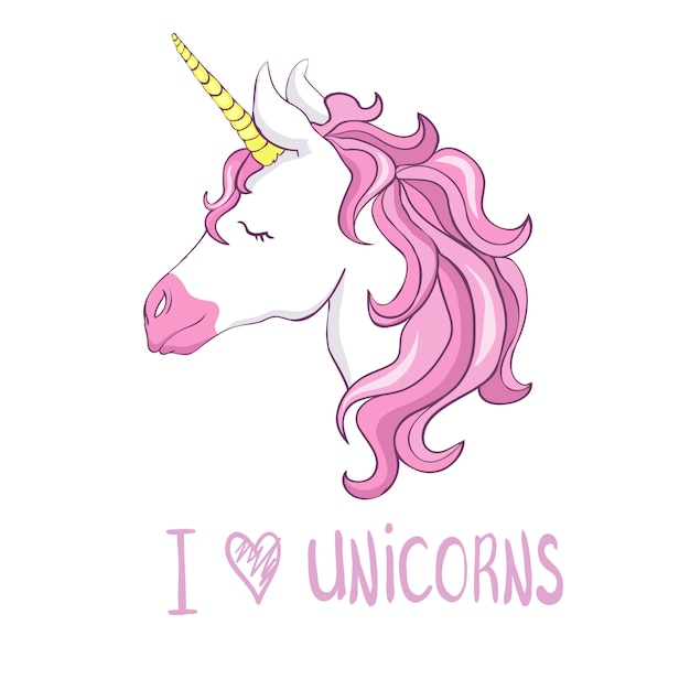 J'adore Les Licornes. Tête De Licorne Mignonne. Personnage Magique à La Crinière Rose