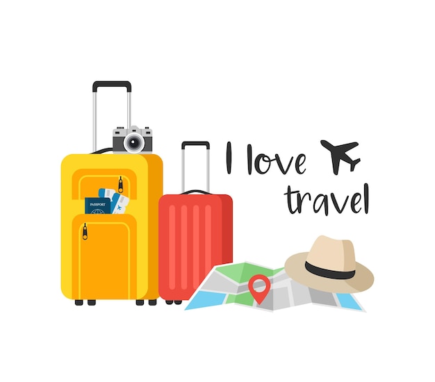 J'aime les bagages de voyage sacs bagages carte chapeau vecteur