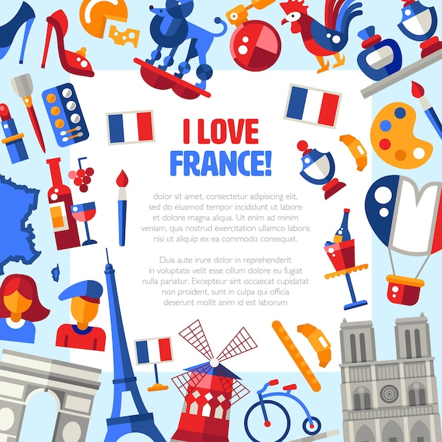 Vecteur j'aime la france avec des monuments et des symboles français célèbres