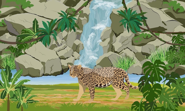 Vecteur jaguar près de la cascade tropicale et du grand lac. jaguar dans la jungle