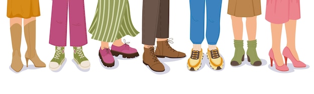 Vecteur jambes de dessin animé portant des chaussures bottes décontractées mocassins en cuir et baskets illustration vectorielle