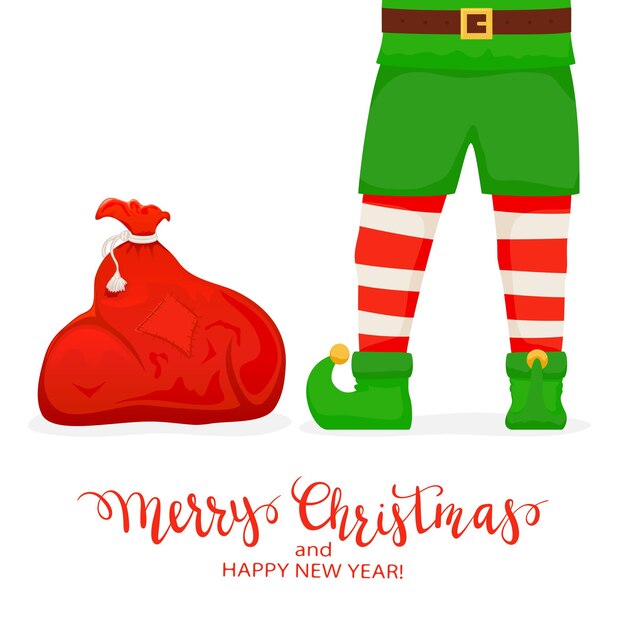 Vecteur jambes d'elfe et sac rouge avec des coffrets cadeaux de noël. lettrage joyeux noël et bonne année sur fond blanc d'hiver. l'illustration peut être utilisée pour la conception de vacances, les cartes, les invitations et les bannières.
