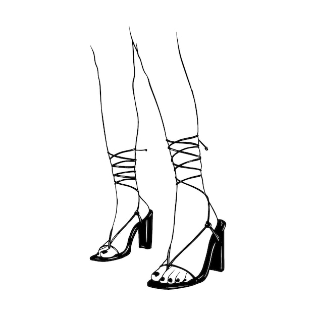 Vecteur jambes féminines avec des lacets en talons hauts chaussures dessinées à la main dessin vectoriel illustration de ligne